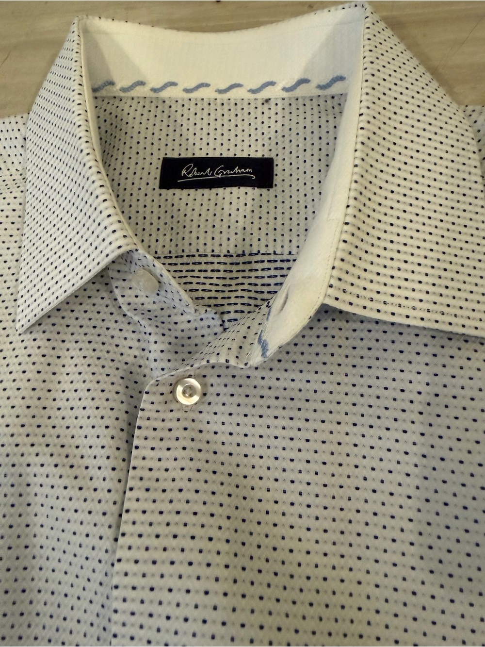 *Flawless* Robert Graham White Dress Shirt with Navy Dot Pattern